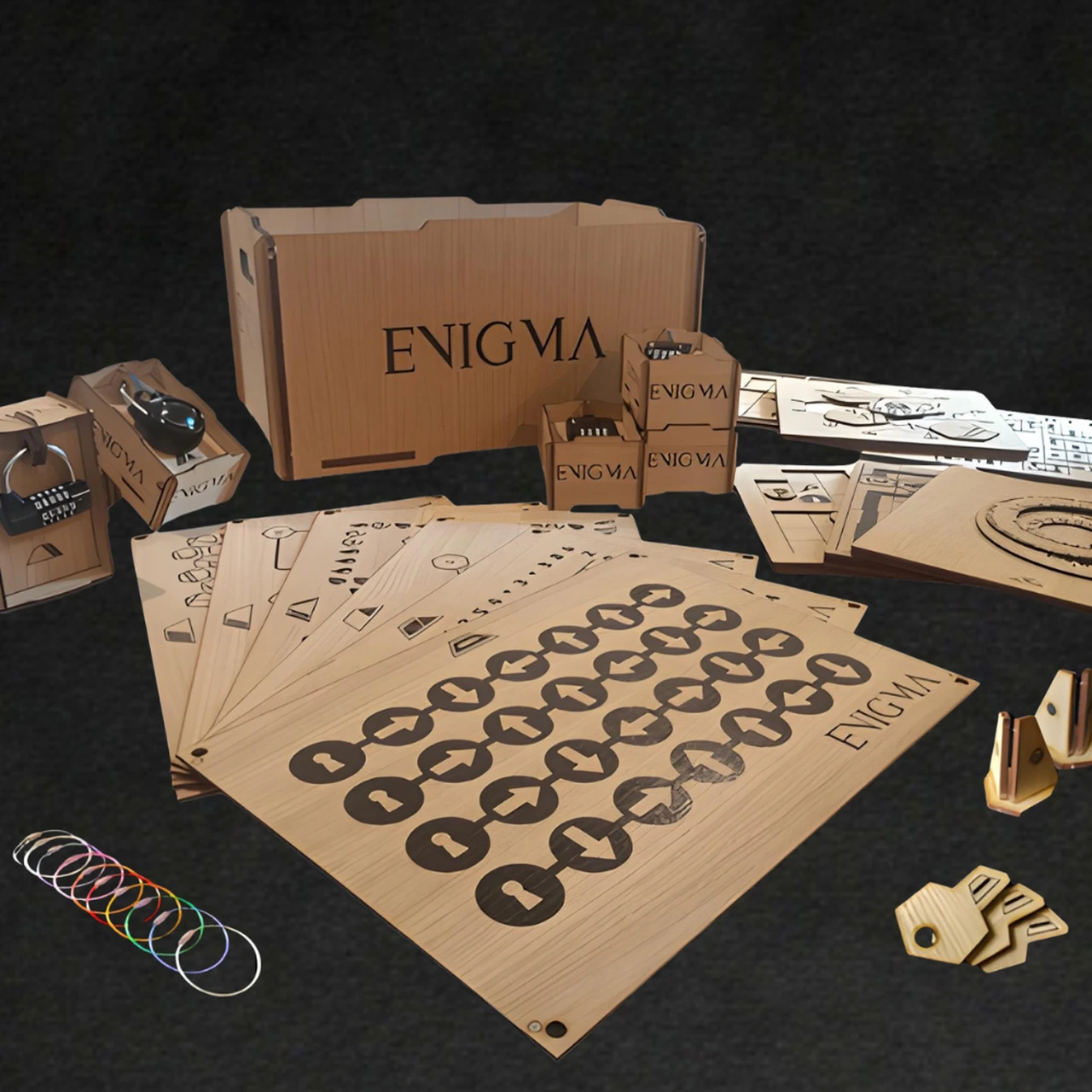 Vue du matériel Enigma fourni : caisse, puzzles, panneaux et boîtes